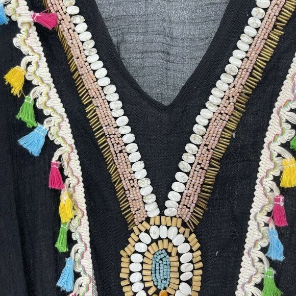 Bohemian Beaded Blouse Black V Neck Dolman Sleeve One Size Beach Tunic LOF NEW - Picture 4 of 9
